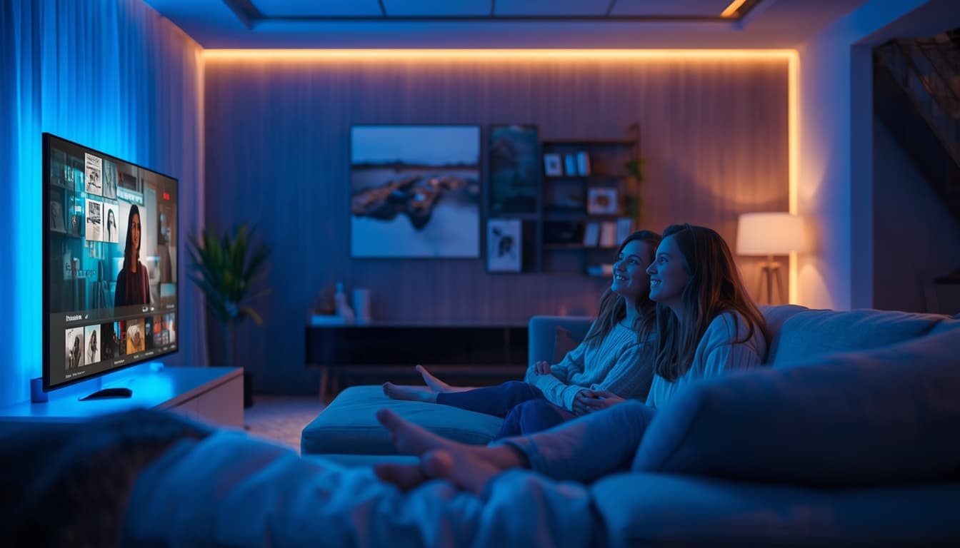 Famille regardant la télévision en streaming sur une grande Smart TV dans un salon